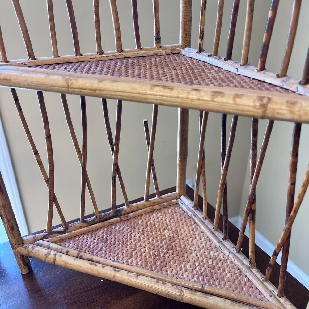 Vintage Tortoiseshell Bamboo Rattan Corner Wall Shelf 3 Tier Decor Boho Rustic